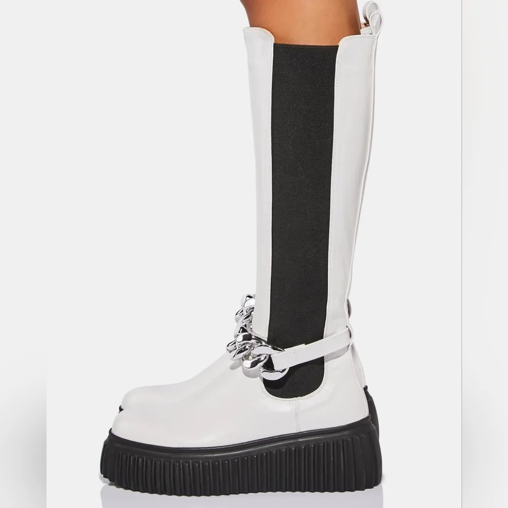 Elegant White and Black Over the Knee Boots
